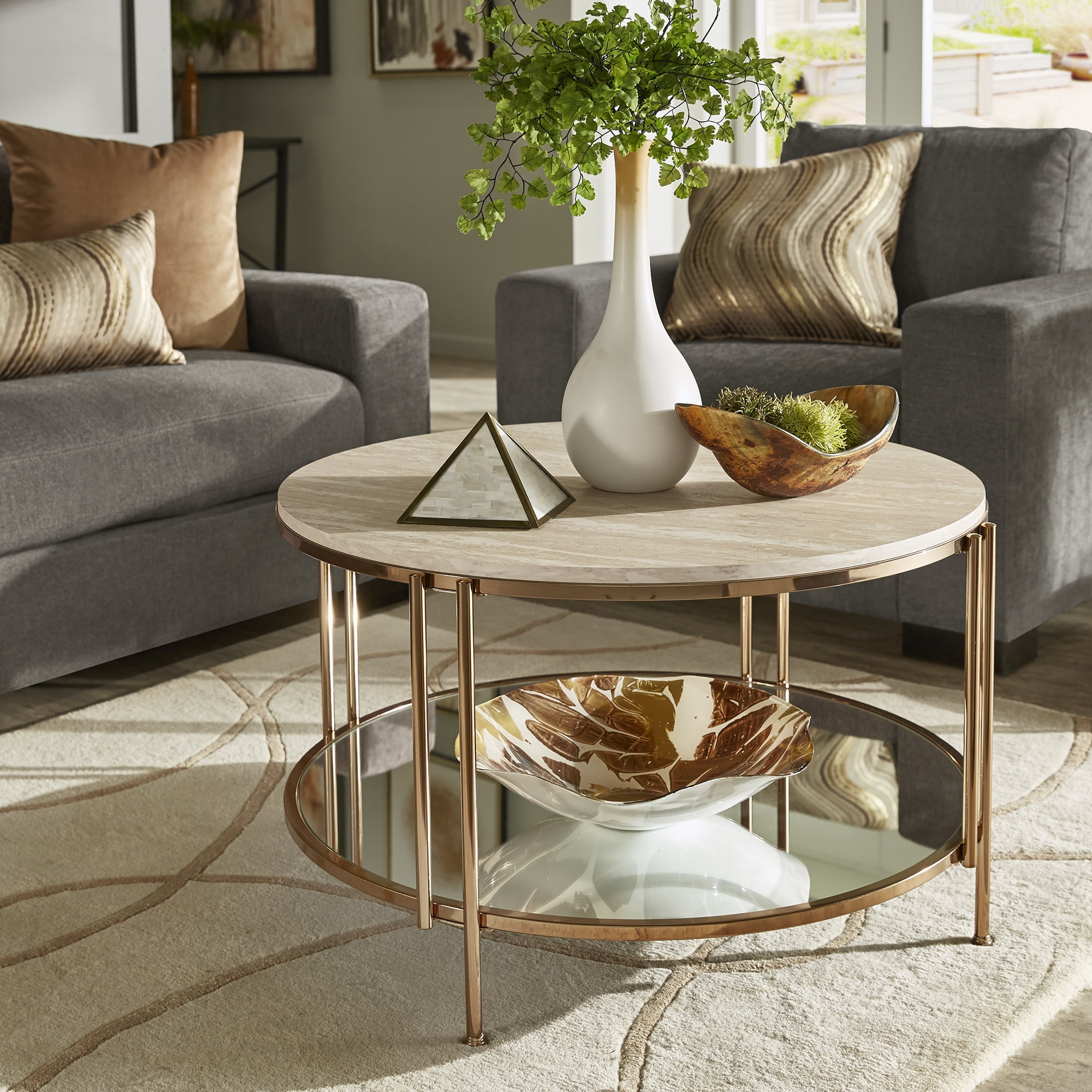 Weston Home Shaelyn Round Gold Cocktail Table with Faux Marble Top and Mirror Shelf