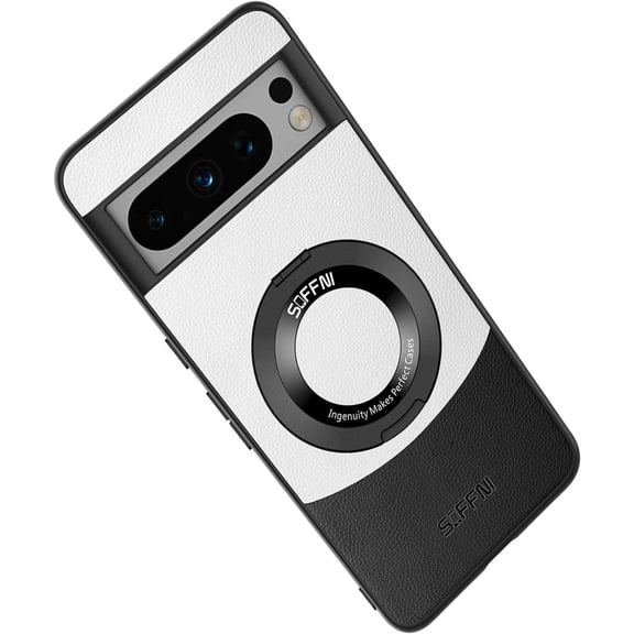 Magnetic Case for Google Pixel 8 Case with Kickstand & Ring Stand, [Compatible with MagSafe] Vegan Leather Non-Slip Enhanced Grip Military Grade Shockproof Camera Lenses Case, White