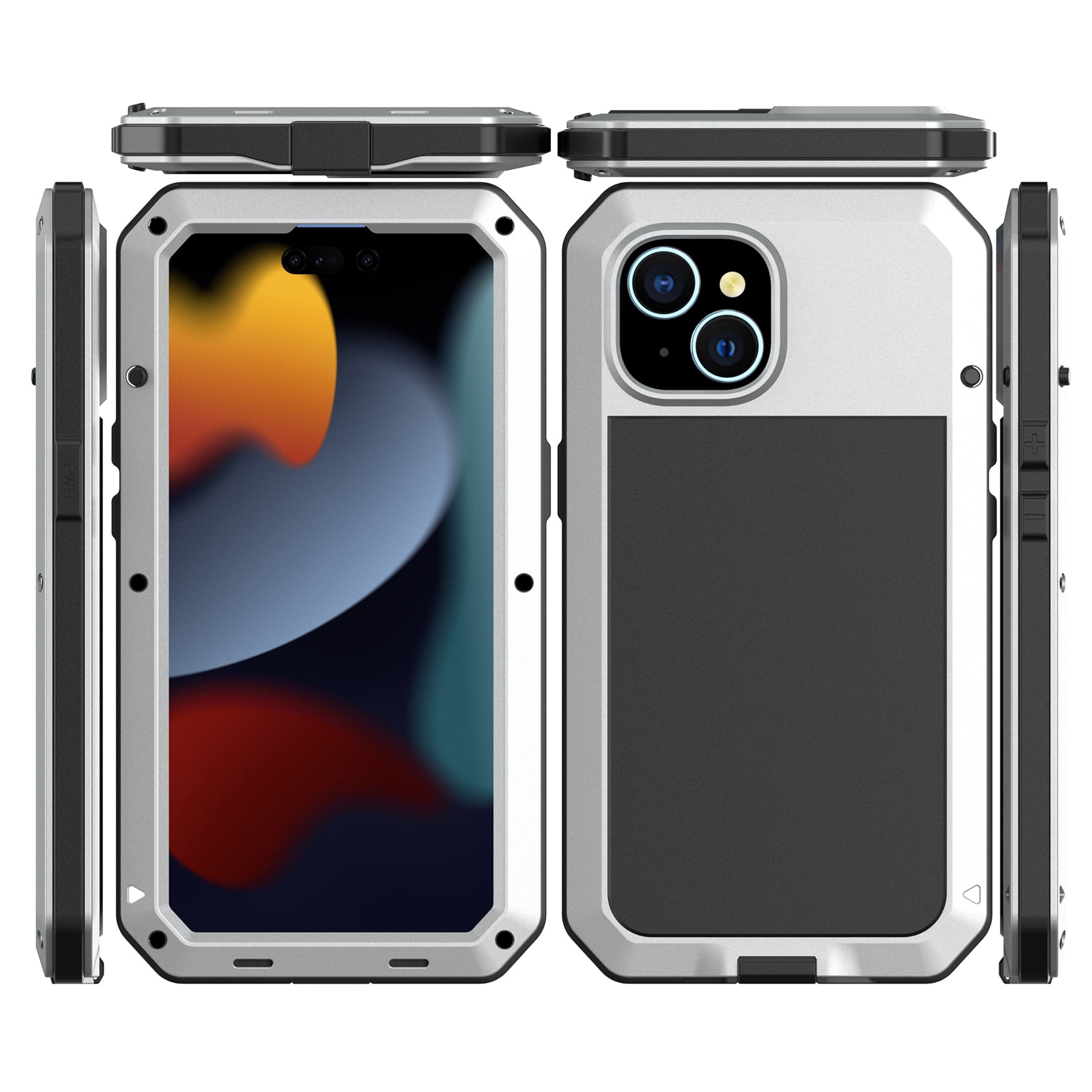 For IPhone 15 Metal Case, [Built-in Camera Kickstand & Glass Screen Protector] Heavy Duty Protective Rugged Full Body Military Grade Shockproof Aluminum Magnetic Cover For IPhone 15 (Silver - View #3