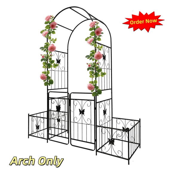 Tcbosik Garden Arch with Gate and Planter Boxes, 86.6" Outdoor Metal Arbor for Climbing Plants, Archway for Lawn, Patio, Backyard, Black