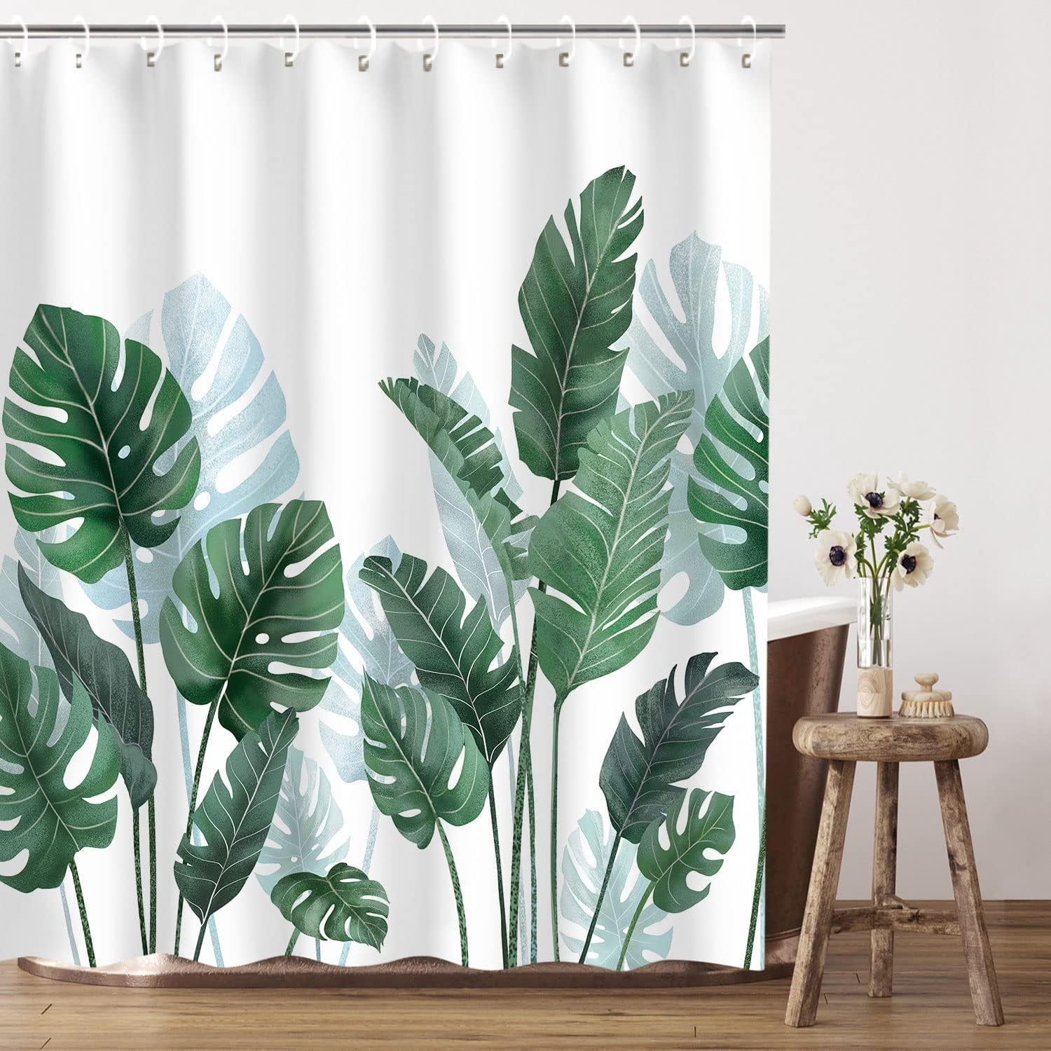 Tropical Shower Curtain, Green Shower Curtain, Plant Shower Curtain, Leaf Shower Curtain, Botanical Shower Curtain Set with 12 Hooks, Jungle Shower Curtain for Bathroom Decor, 72X84 inches