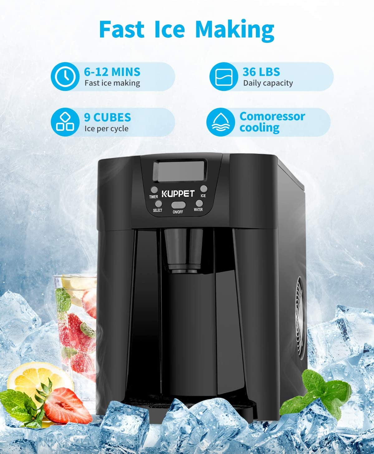 Home & Kitchen Specialty Appliances Produces 36 lbs Ice in 24 Hours LED Display Ready in 6min