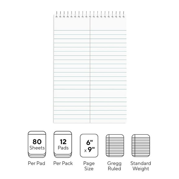 CintBllTer Steno Pads, 6-Inch X 9-Inch, Gregg Ruled, White, 80 Sheets/Pad, 24/Carton (St57354/Tr573vs)