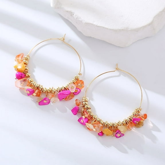 Zhuge suitable for both men and women, resin natural stone circular earrings, beach style ear accessories earrings (pink orange color)