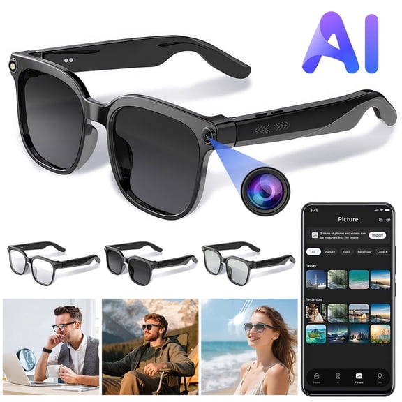 PEPWELL AI Smart Glasses with 8MP 4K Camera, Real-Time Multi-Language Translation, ChatGPT Voice Assistant, 1080P Video Stabilization, Open Ear Bluetooth 5.3 Audio Sunglasses for Travel Vlog Outdoor