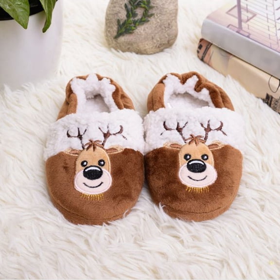 CUZIBR Toddler Slippers Girls Boys Cute Reindeer Pattern Animal Fuzzy House Slippers Close Back Warm Winter Soft Indoor Footwear,Brown,3-3.5 Years