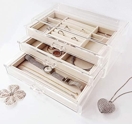 HerFav Jewelry Box for Women with 3 Drawers Velvet Jewelry Organizer for Earring Bangle Bracelet Necklace and Rings Storage Clear Acrylic Jewelry case