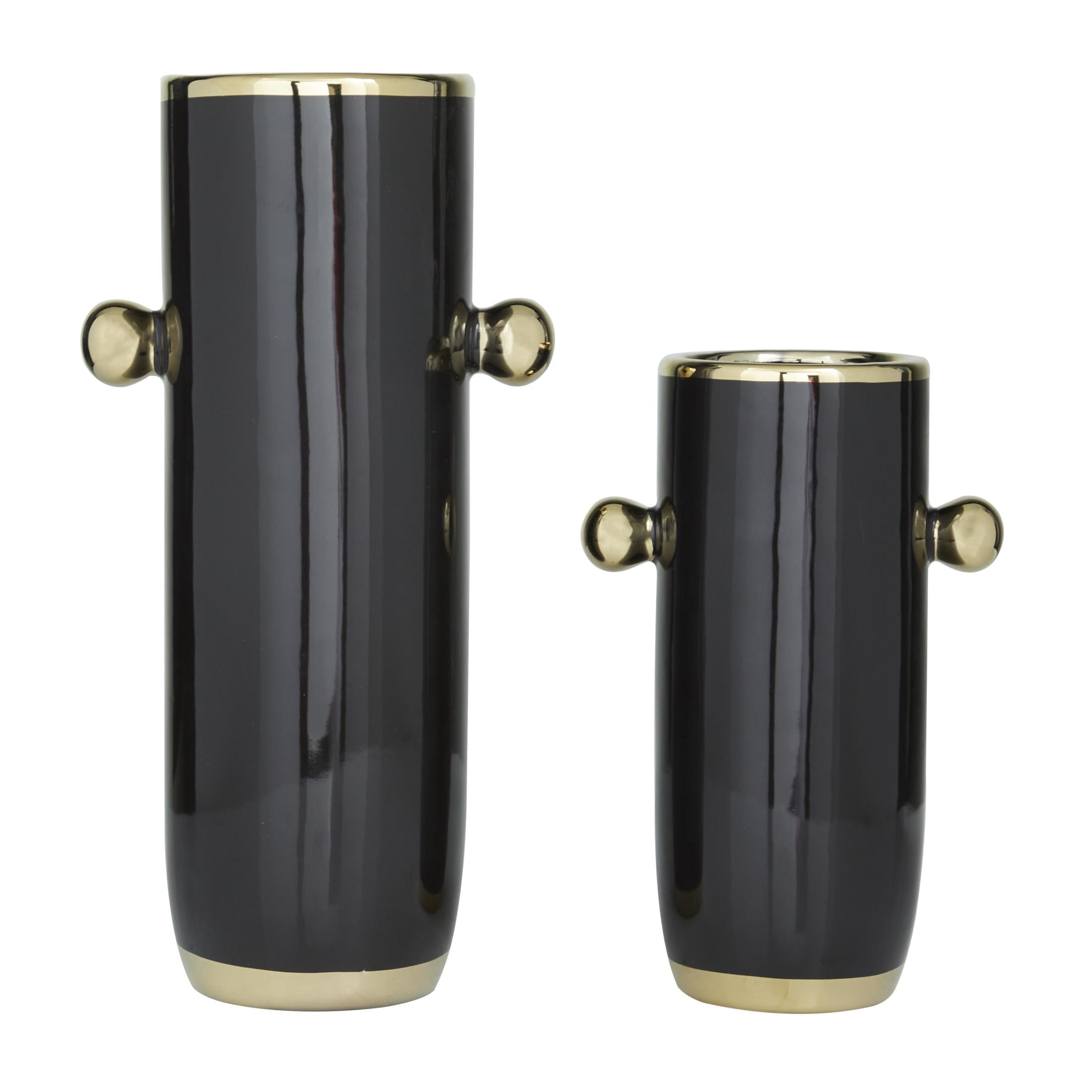 DecMode 16", 11"H Face Abstract Black Ceramic Vase with Gold Details, Set of 2