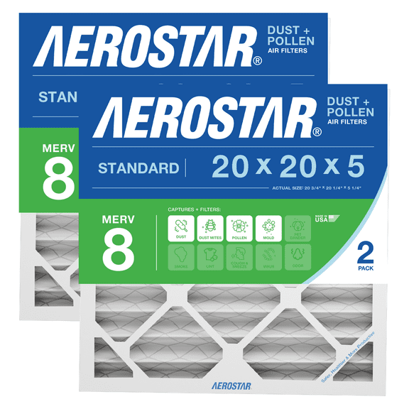 Aerostar 20x20x5 MERV 8 Pleated Air Filter, 2 Pack, Furnaces Filter, HVAC Filter