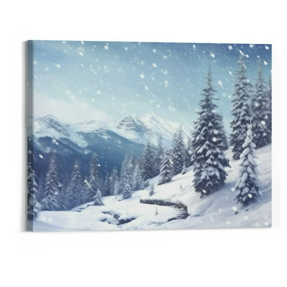 Creowell Snowy Winter Night Mountain Forest Starry Sky Pine Trees Photo Poster Print Modern Canvas Painting Wall Art Picture Living Room Home Decor (20x16 Inch)