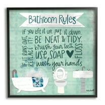 Aqua Blue Bathroom Rules Collage Look Typography Typography Framed Art Print Wall Art, 17x17