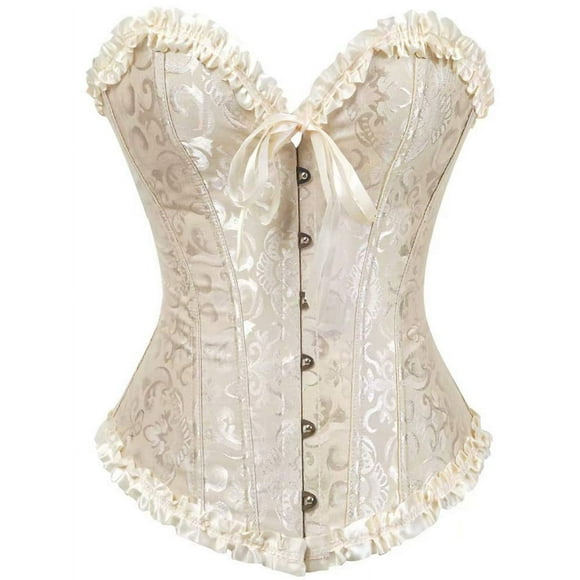 SHYMMUO Women's Lacing Corset Top Satin Floral Boned Overbust Body Shaper Bustier Beige XL