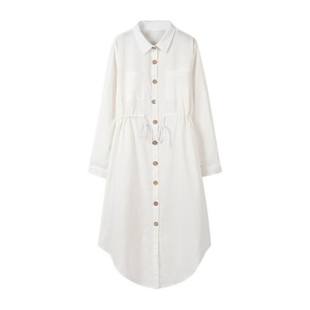 

PATLOLLAV Big Sales!Womens V-Neck Solid Color Single-Breasted Lapel Shirt Cotton and Linen Dress