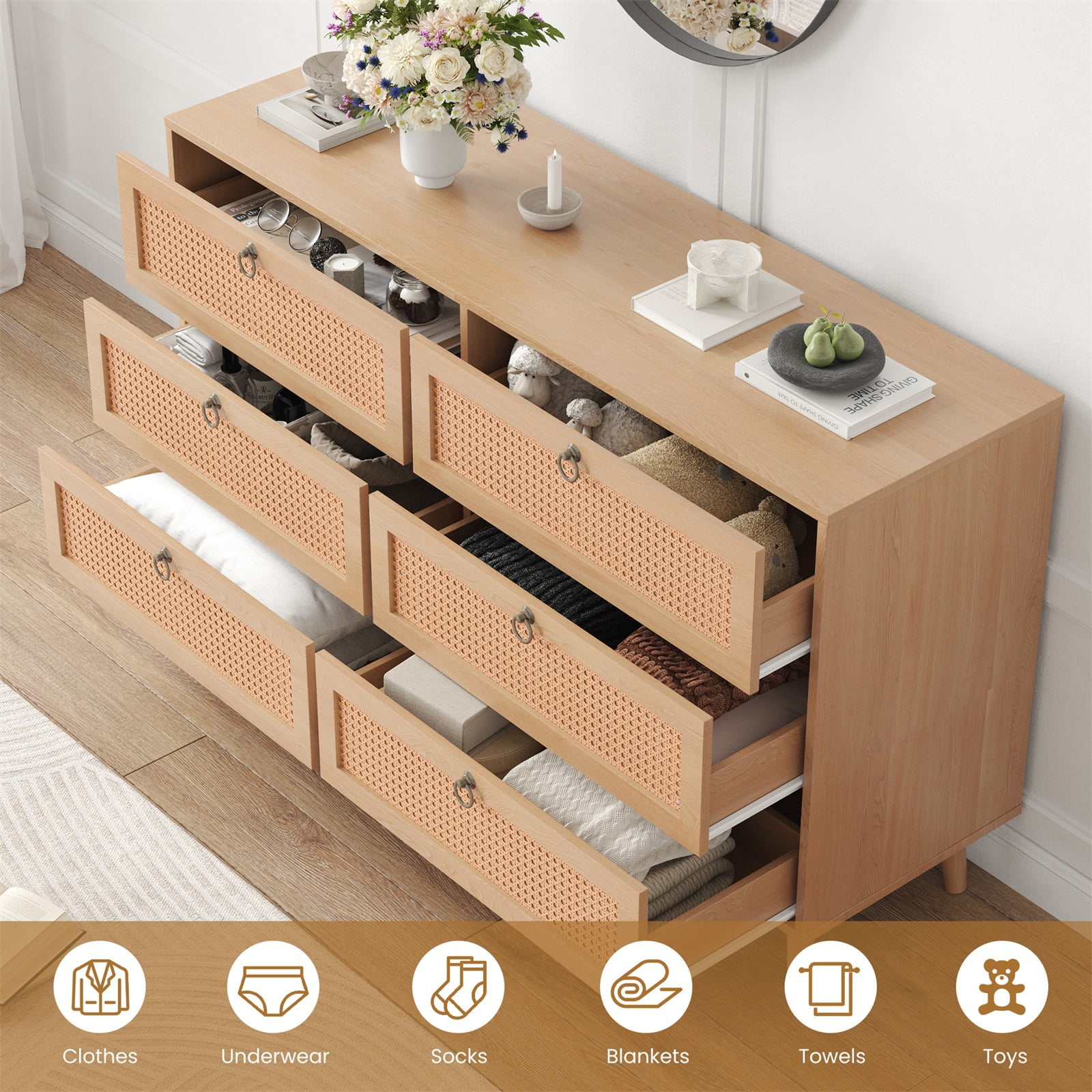 Hommoo Rattan 6 Drawer Double Dresser, Modern Storage Cabinet Chest of Drawers for Home, Vintage