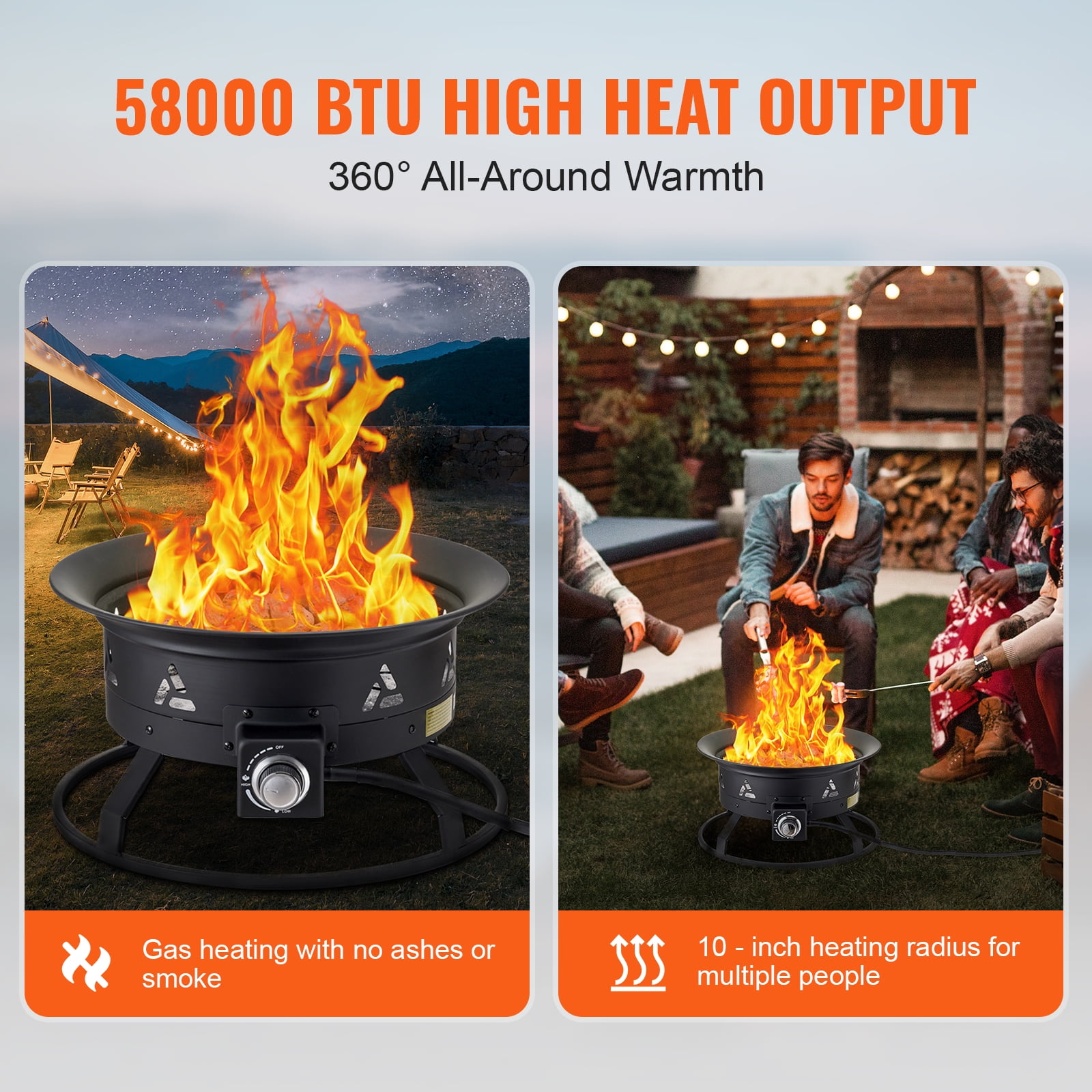KFFKFF Gas Fire Pit, 24-Inch Round Outdoor Portable Propane Fire Pit with Protective Cover & Lava Stones, Modifiable Flame Intensity, Ideal for Warming, Illumination, Social Events,58,000 BTU,Black