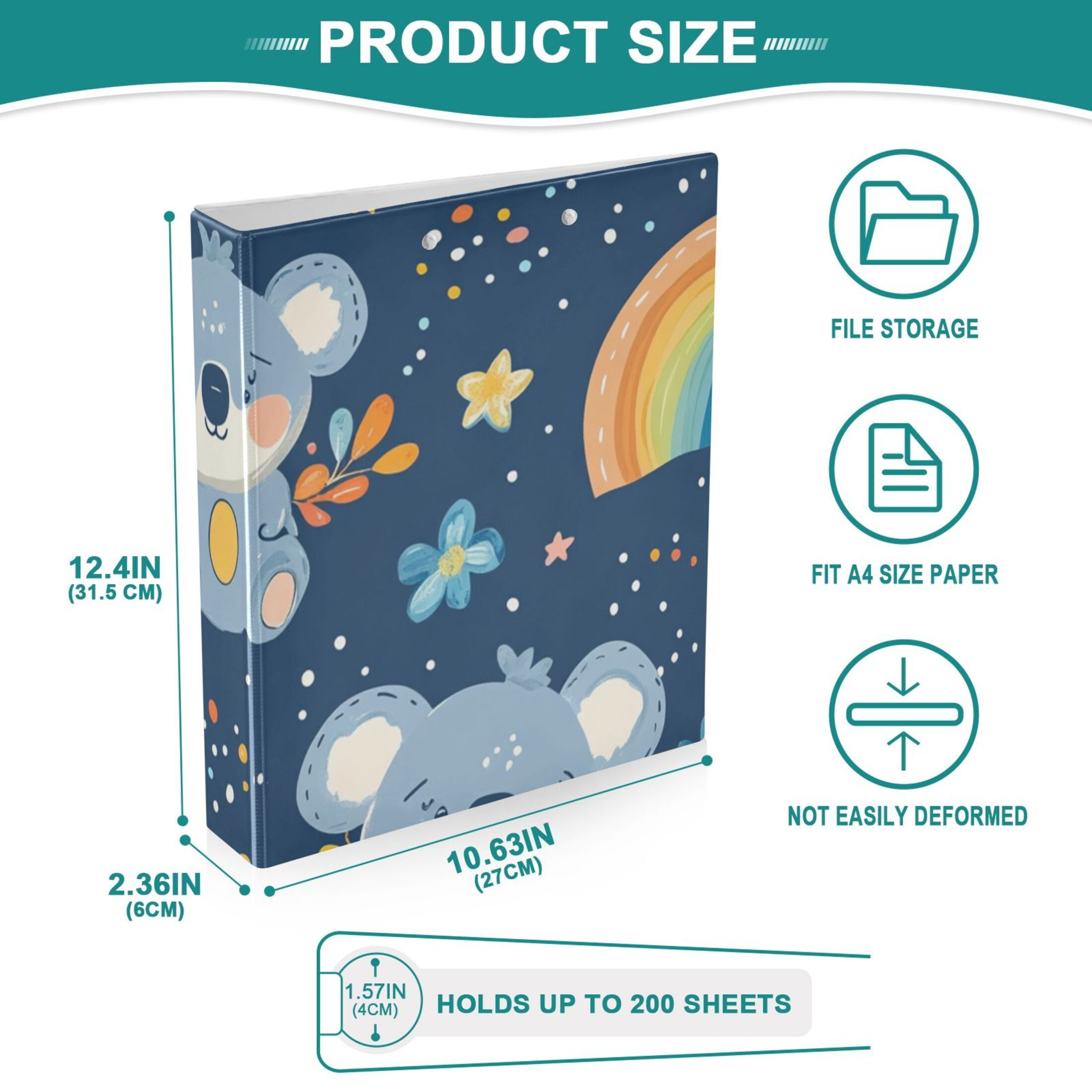 Rainbows Koalas 3 Ring Binders 1.5 inch Hardcover File Folders with Interior Pockets A4 Size Organizer for School Office Hospital Set of 2