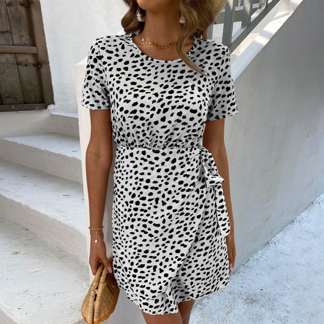 Mefallenssiah Woman Spring Summer Printing Frenulum Cover Hip Sleeve Short Sleeve Round Neck Dress