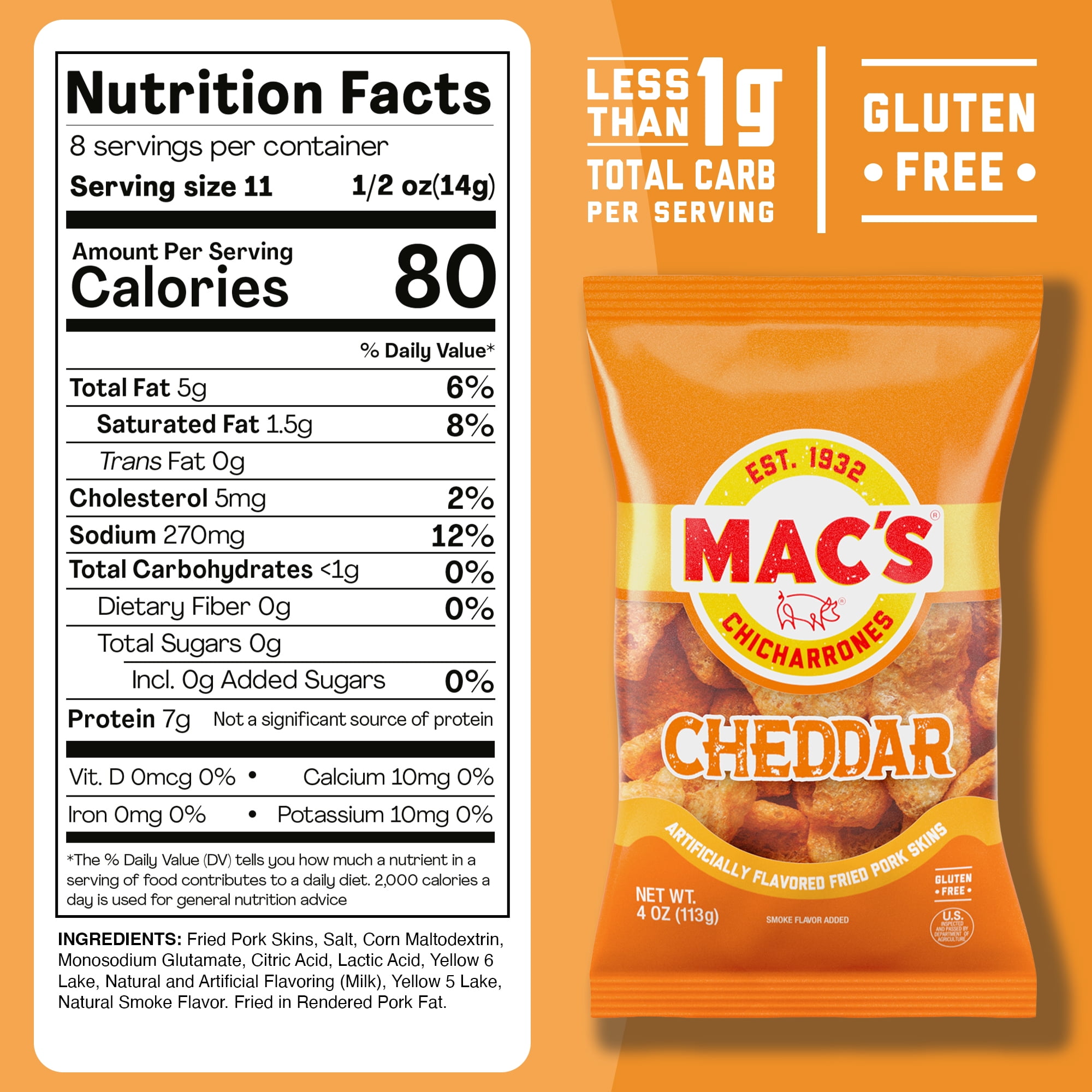 (5 pack) Mac's Chicharrones Cheddar Flavored Pork Rinds, Pork Skins, 4 oz Bag