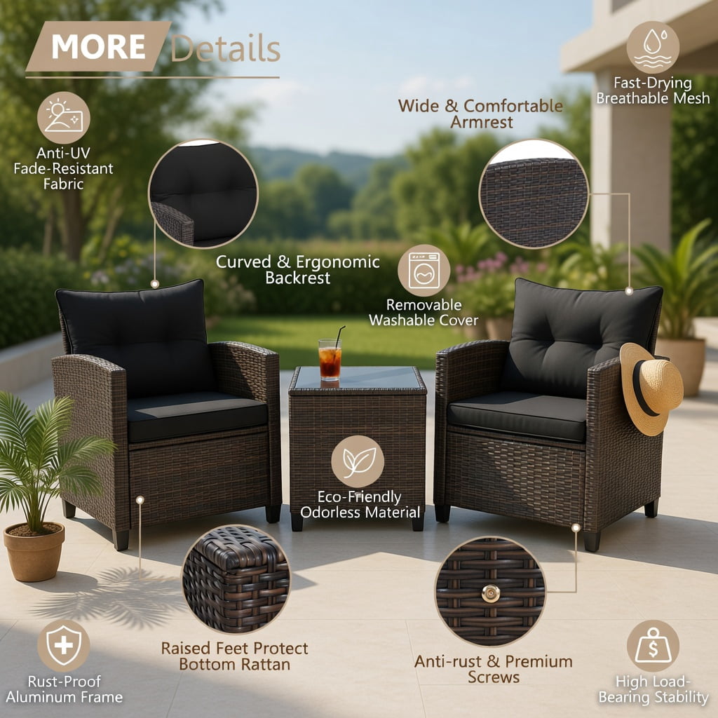 Hommoo 3-Piece Outdoor Rattan Patio Furniture Set with Cushioned Chairs & Tempered Glass Coffee Table, Black