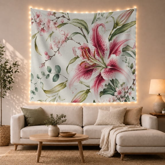 Pink Lily and Cherry Blossoms Against a Textured Background, Serene Watercolor for Nature Lovers, Floral Wall Art Decor Mother's Day Gift Tapestry Wall Hanging for Bedroom and Living Room