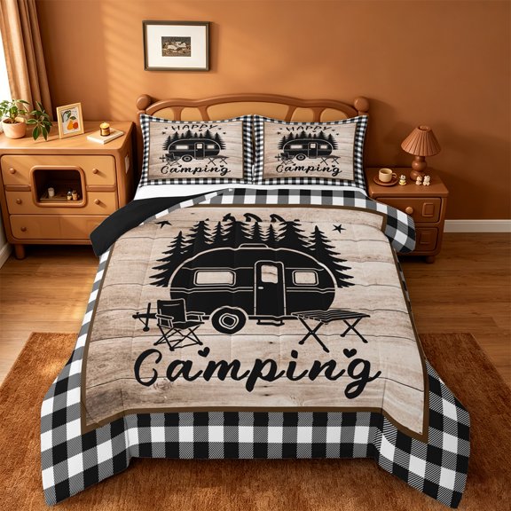 Catabedysis Plaid Camping Full Size Comforter Sets,Camper Silhouette Print Bedding Comforter Set For Boys,Multicolor,Black Reversible,3-Piece,1 Comforter and 2 Pillowcases