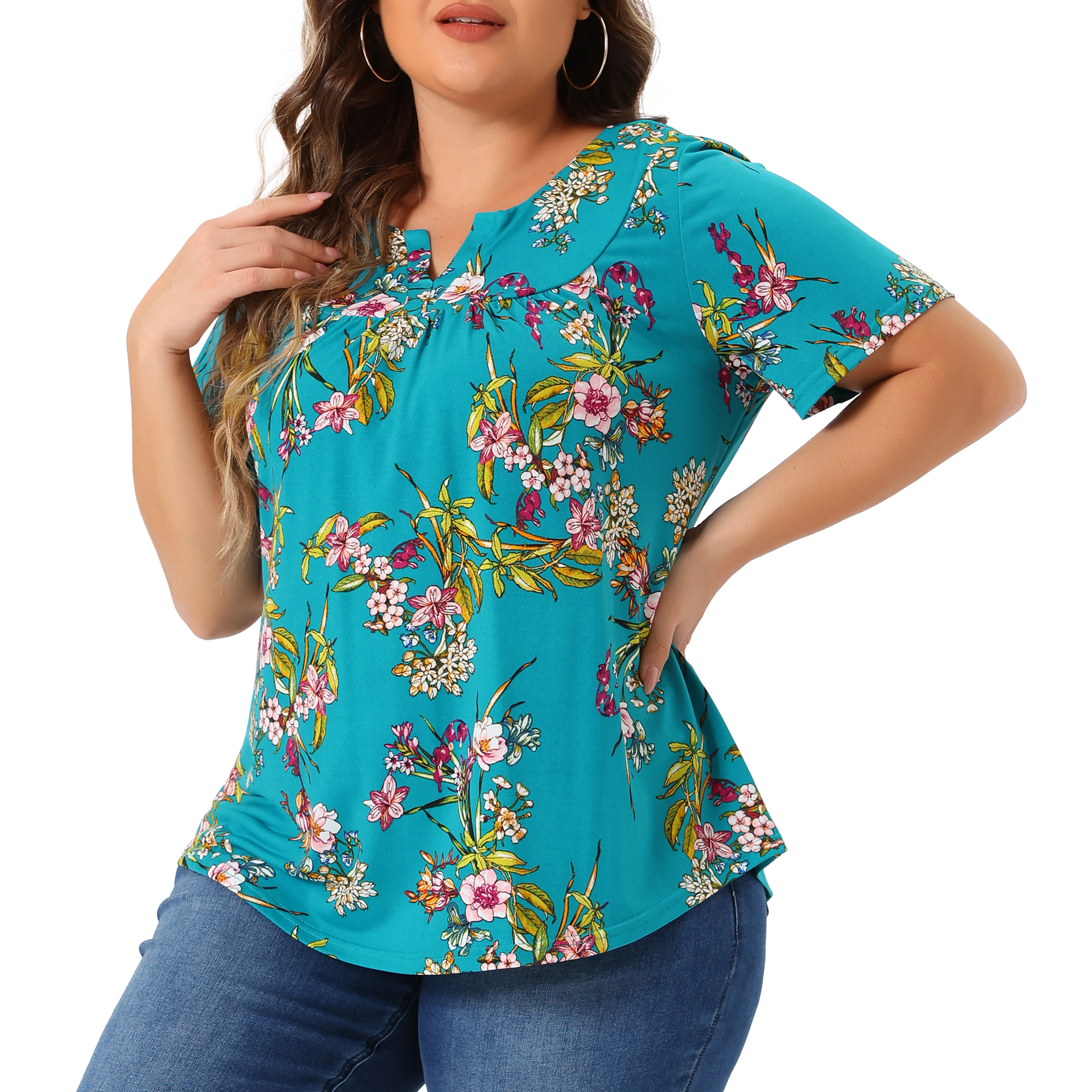 DARING DIVA Women's Plus V Neck Floral Print Casual Top 4X Lake Blue