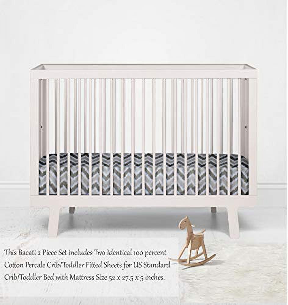Bacati - Ikat Crib/Toddler Bed Fitted Sheets 100% Cotton Muslin 2 Pack, Zigzag Grey