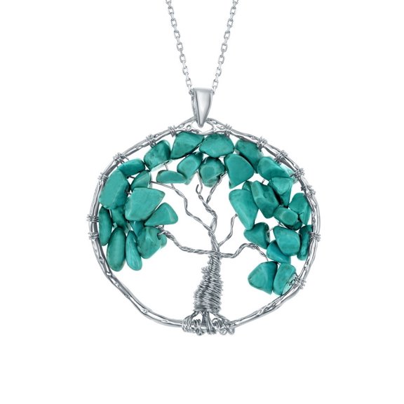 Silver Roots Tree of Life Charm Turquoise Stones Sterling Silver Wired Pendant Necklace