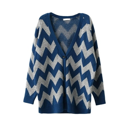Woman Button Closure Zig Zag Print Loose Sweater Coat Blue M - Walmart.com