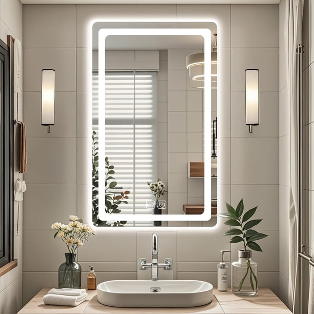 Espejo LED para Baño, 50 x 70cm, Espejo de Baño Cuadrado con Botones Táctiles Inteligentes, Iluminación Regulable en 3 Colores, 4mm Vidrio Prueba Explosiones, para Baño, Recámara, Recibidor