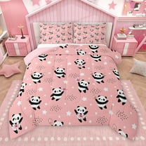 Manfei Cute Panda Animal Full Size Comforter Sets for Kid, Girly Pink Cherry Blossoms Bedding Comforter Set, Cartoon Stars Print Reversible Bedding Sets, Luxury Bedroom Decor, 3 Pieces