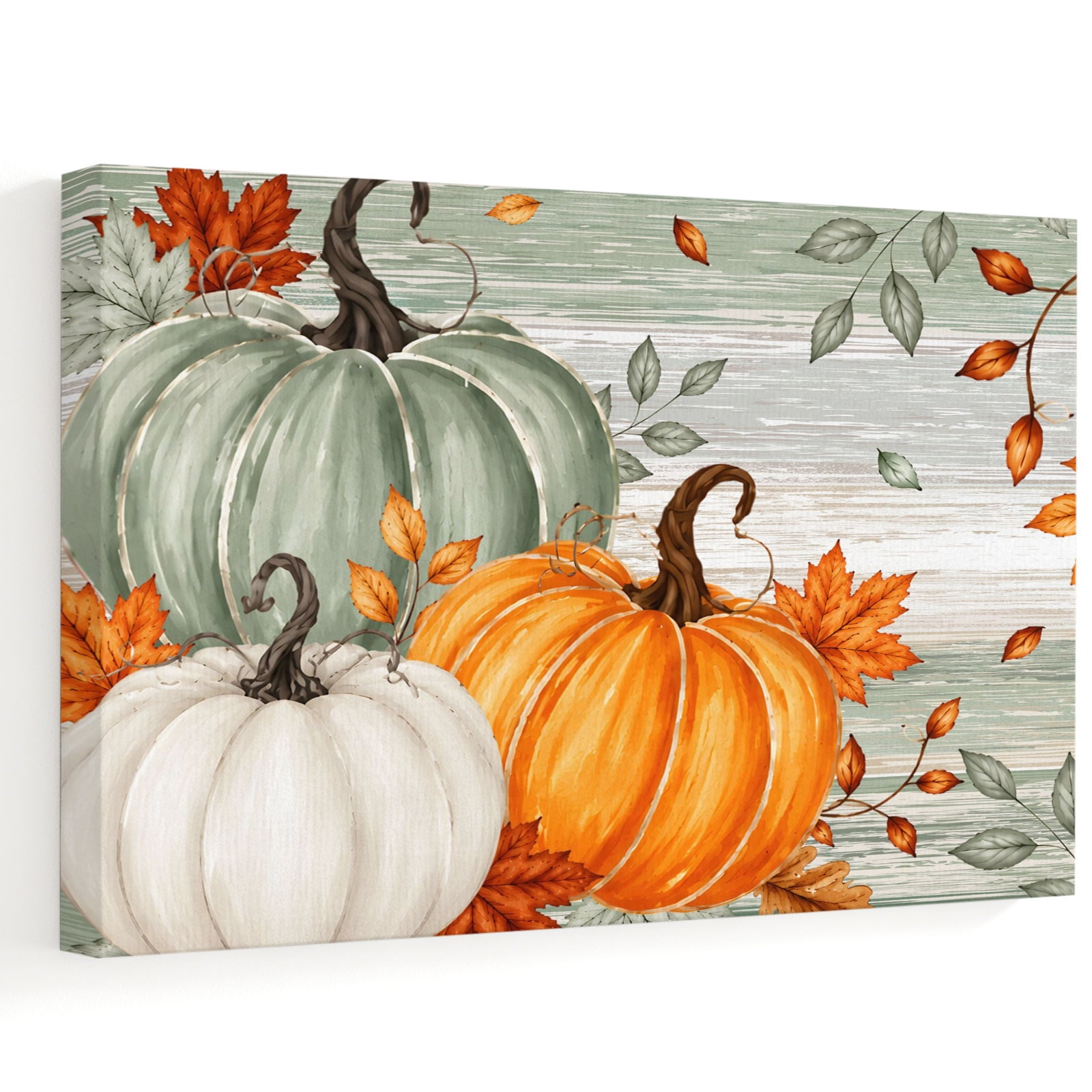 Thanksgiving Fall Canvas Wall Art Green Orange Beige Pumpkins Maple Leaf Wooden Wall Art Prints Artwork Framed Canvas Ready to Hang Art Pictures for Bedroom Living Room Closet Kitchen 16 x 12