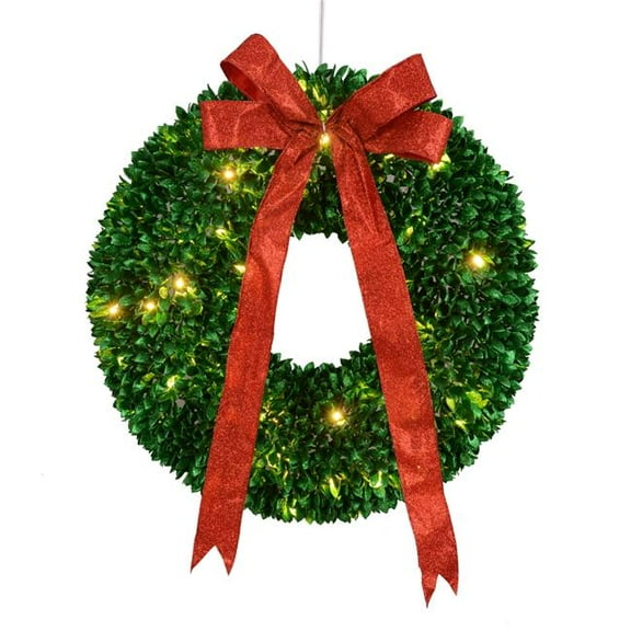 28 in. Pre-Lit Glittered Artificial Leaves Christmas Wreath with Clear Lights