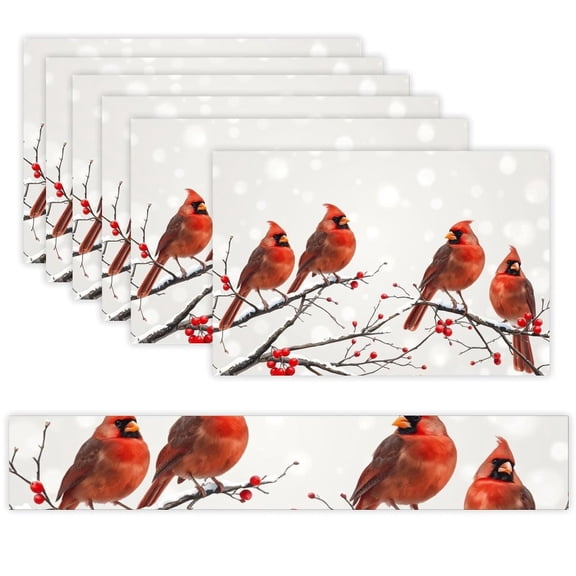 7 Piece Linen Table Runner and Placemats Set, Cardinal Red Berry Round Corner Heat Resistant Washable Table Mats for Home Kitchen Dining Party Decoration