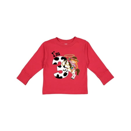

Inktastic I m Three-cowgirl riding horse birthday Gift Toddler Toddler Girl Long Sleeve T-Shirt