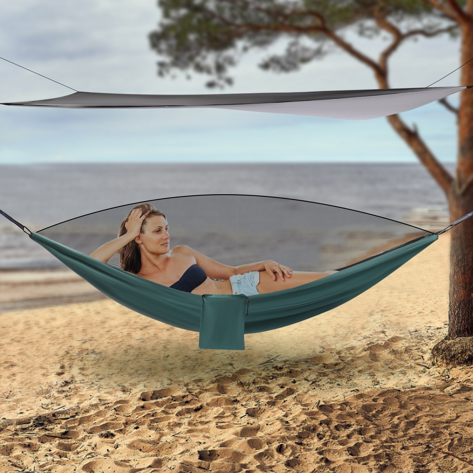 Fichiouy Camping Hammock with Net Tent and Rain Fly Tarp Portable Nylon Parachute Hammock with Heavy Duty Tree Strap Load-Bearing Capacity 200kg/440.9lbs