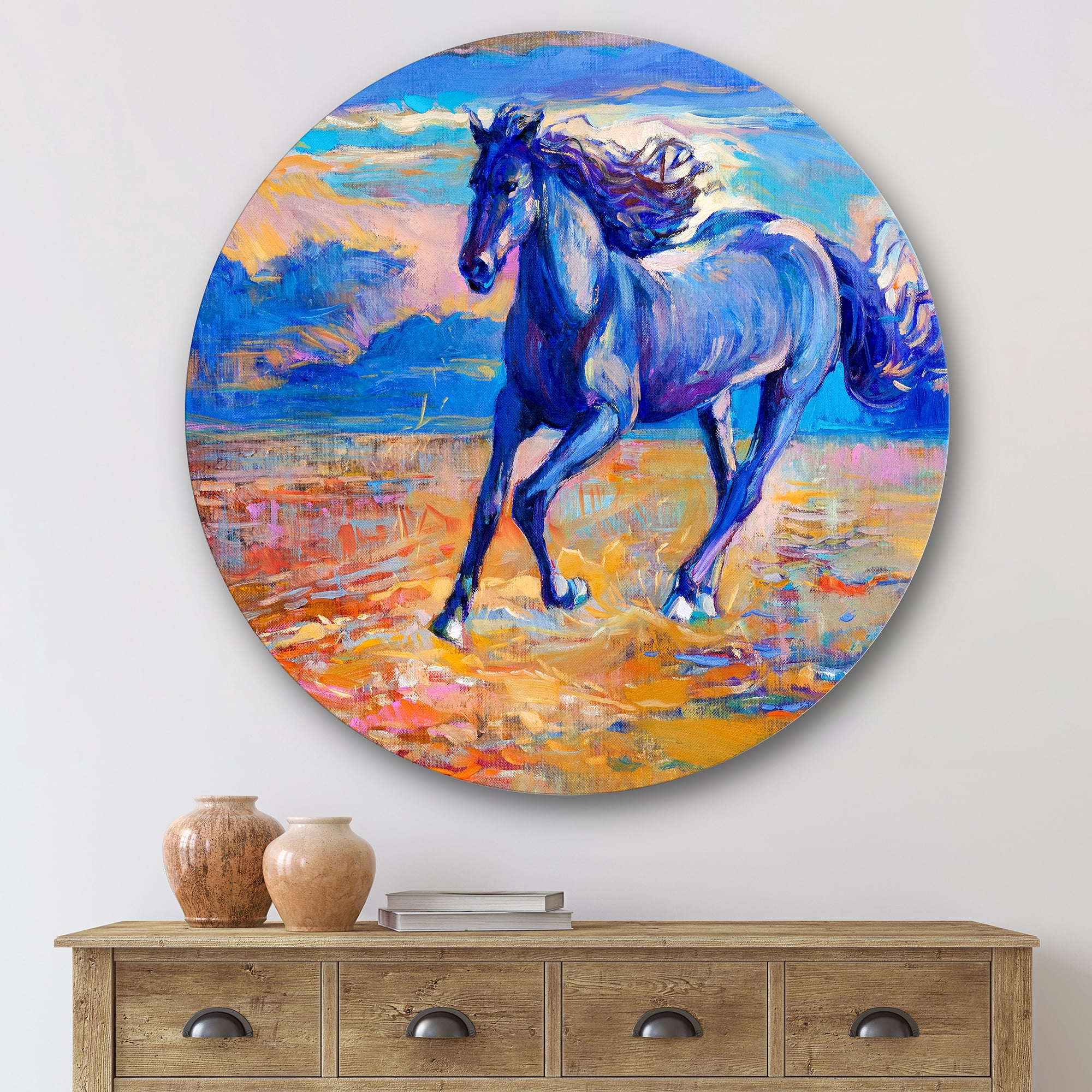 Designart 'Abstract Blue Horse Galoping Over The Prairie' Farmhouse Circle Metal Wall Art 29x29 - Disc of 29