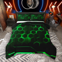 Manfei Geometric Hexagon Full Size Comforter Sets 3-Piece, Neon Green Honeycomb Bedding Comforter Set, Black Geometric Bedding Sets Super Cozy Room Decor