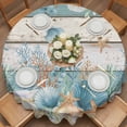 thumbnail image 2 of Marine Life Round Tablecloth 60 inches Vintage Shell Starfish Coral Eucalyptus Leaves Blue Wood Grain Waterproof Oil-Proof Table Cloth Round Table Cover for Holiday Party Picnic Dinner Decor, 2 of 9