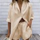 thumbnail image 5 of Revers Chemise + Short Camisa de solapa para mujer + Pantalones cortos 2 piezas Blusa informal de algodón Top Pantalones cortos Trajes (Beige M) Cgtredaw para Mujer Beige Única, 5 of 6