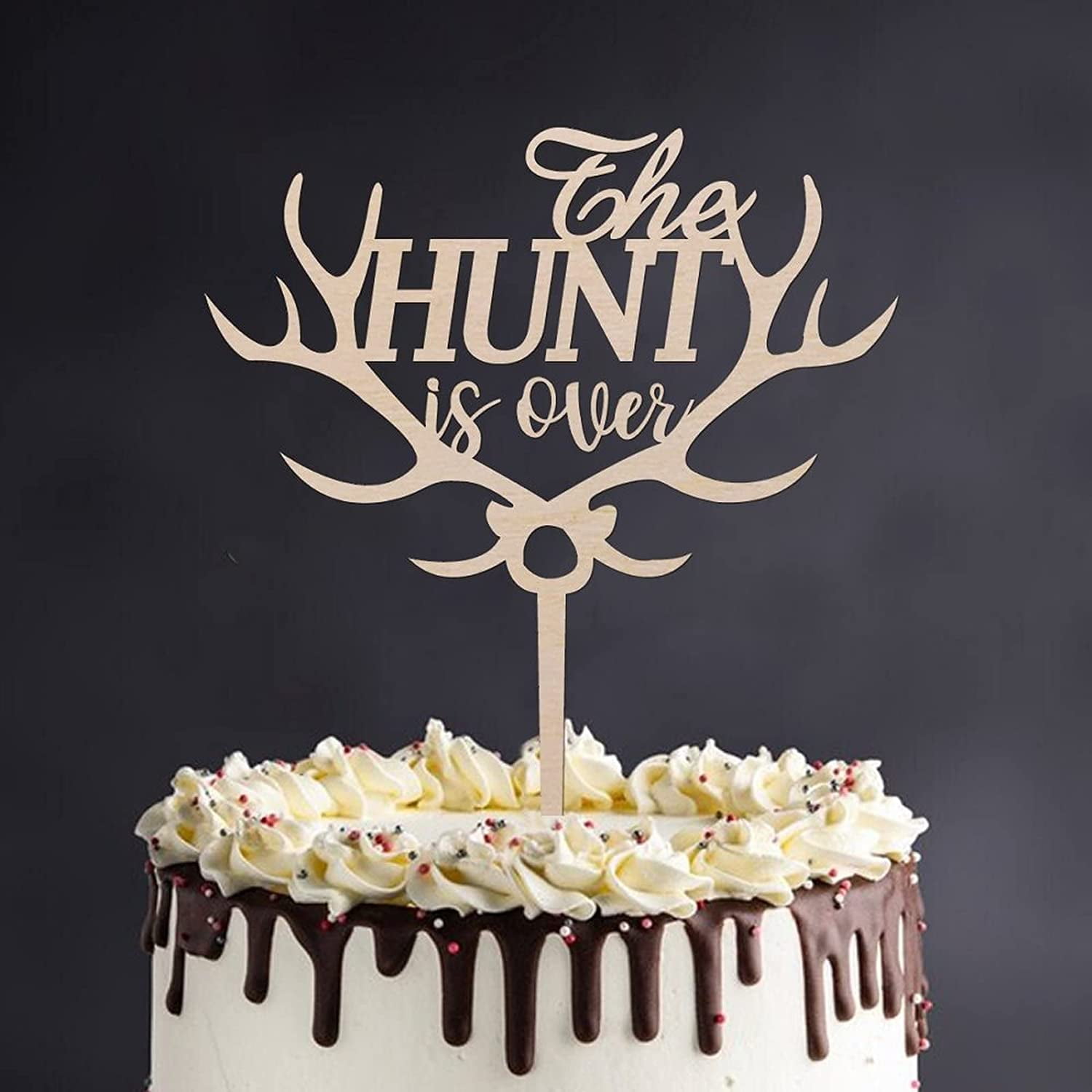 Rustic Wood Wedding Cake Topper Wooden Cake Insert Sign The Hunt Is Over Pastries Funny Cake Decoration Perfect for Wedding Engagement Anniversary Theme Party Decorations