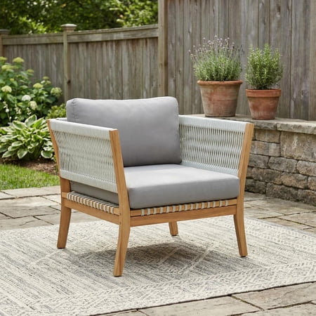 Christopher Knight Home Modern Outdoor Wood Lounge Chair with Rope Accents and Cushions, Natural+Gray