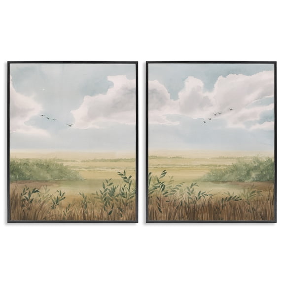 Stupell Industries Birds over Country Pastures Landscape & Nature Painting Black Framed Art Print Wall Art, 11 x 14, Set of 2