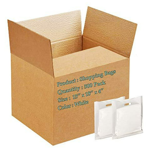 Pack of 500 White Shopping Bags with Die Cut Handle 15 x 18 x 4 Thickness 1.25 Mil. Bottom ...