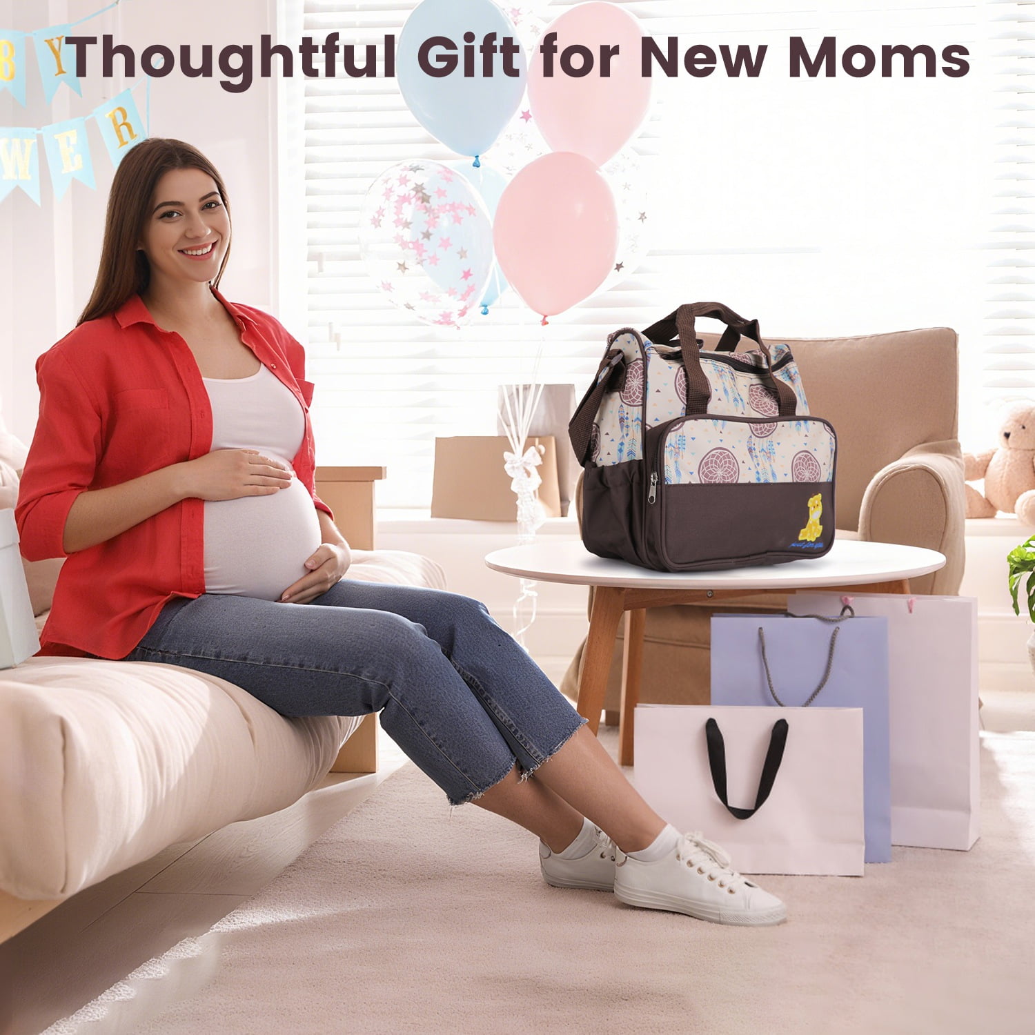 5Pcs Mummy Diaper Tote Bag Baby Nappy Bag with Diaper Pad Food Bag Bottle Bag Travel Tote Bags for Mom Dad Coffee