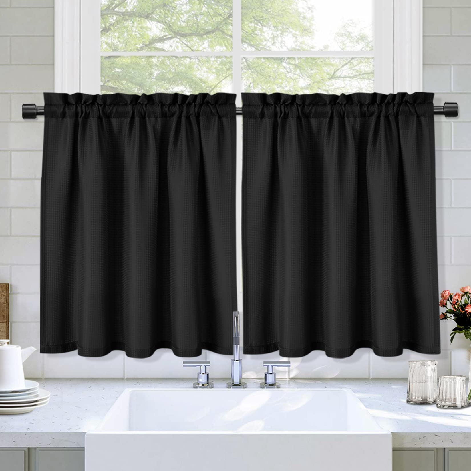 Yesfashion Waffle Weave Curtains, Waterproof Rod Pocket Textured Tier ...
