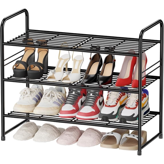 Heavy Duty 3 Tier Shoe Rack, 27 Inch Closet Metal Shoe Storage Organizer for Entryway, Stackable, Black