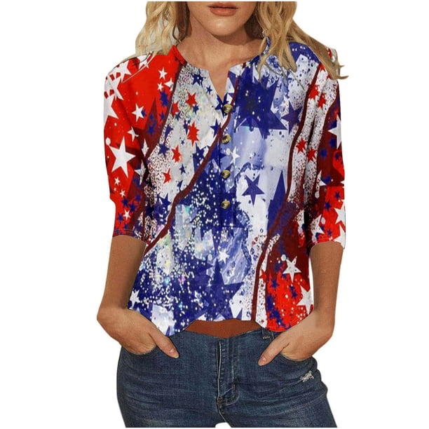 Camiseta Casual Suelta Del Botón Impreso Del Día de la Independencia de la Mujer de Manga Superior de 3/4 para el Hogar Y el Uso Diario