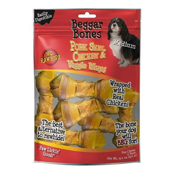 Savory Prime 810359003627 Beggar Bones Pork Skin, Chicken & Veggie Wraps Dog Treats - 13.1 oz - Pack of 6