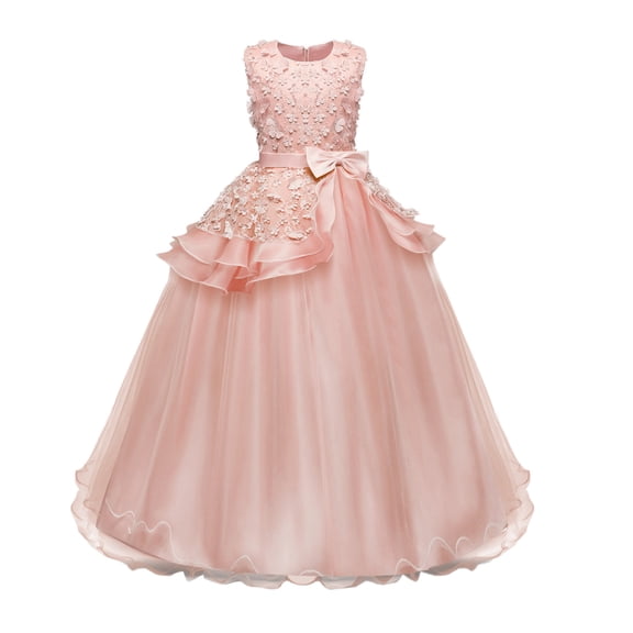 Odeerbi 2025 Toddler Girls Net Yarn Temperament Flowers Bowknot Birthday Party Gown Long Dresses